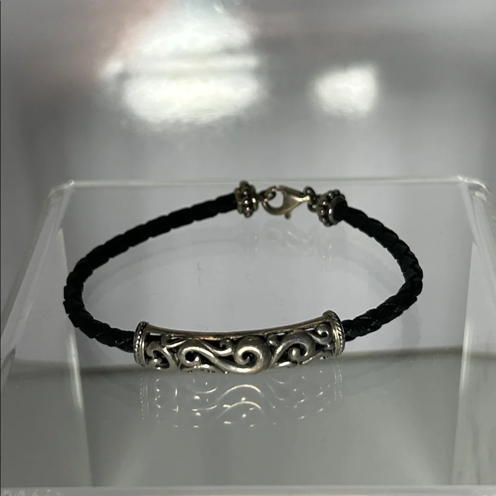 NWOT Carolyn Pollack Sterling Silver Scroll Slide On Braided Leather Bracelet